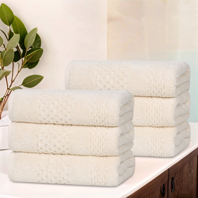 Superior Playa Zero Twist Cotton Solid Waffle Textured Absorbent Hand Towels, Set of 6, Ivory