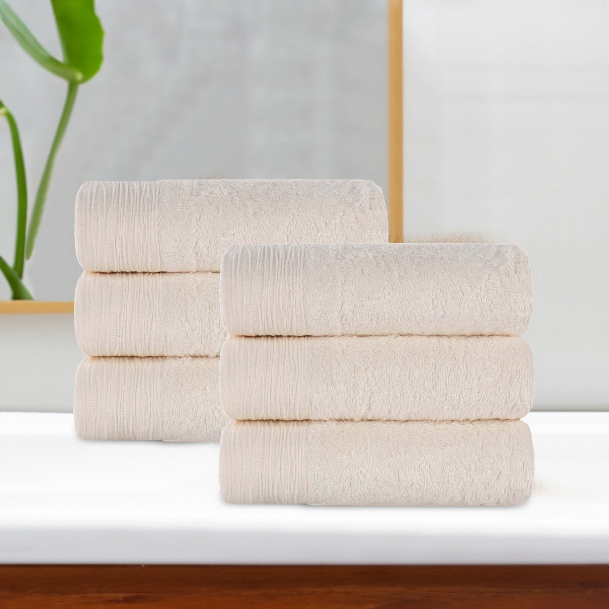Superior Rayon From Bamboo Soft 6-Piece Hand Towel Set, Cotton Blend Modern Towels, Ivory