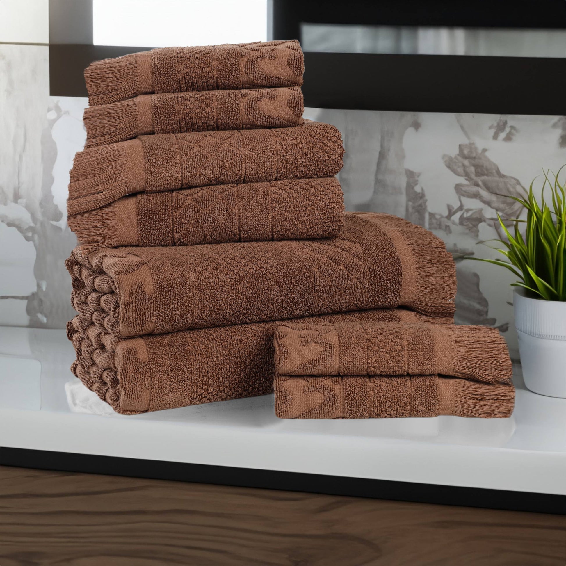 Superior Rolla Geometric Cotton 8 Piece Towel Set, Quick-Dry Ultra Soft Towels, Chocolate