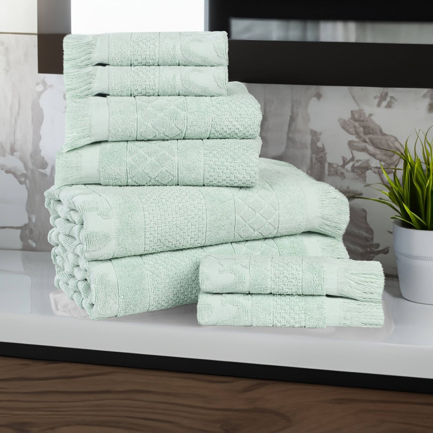Superior Rolla Geometric Cotton 8 Piece Towel Set, Quick-Dry Ultra Soft Towels, Sage