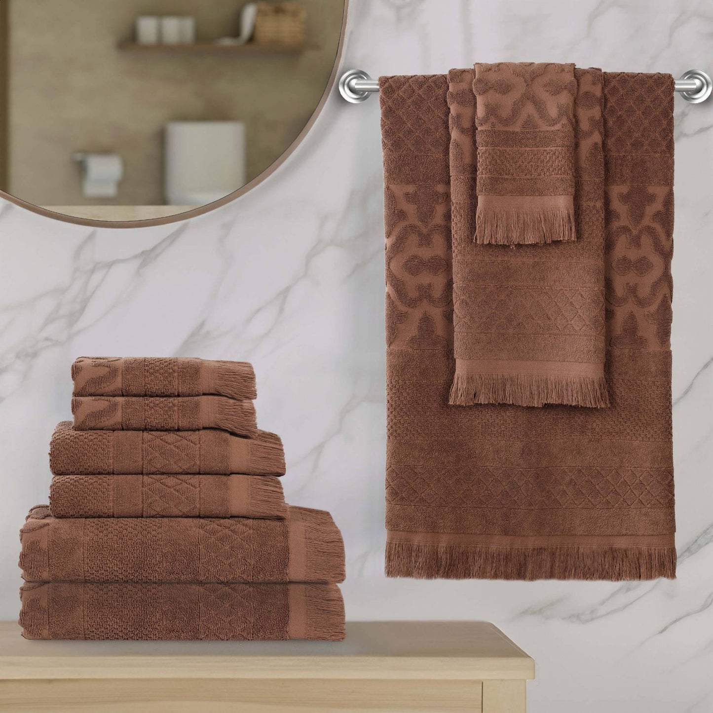 Superior Rolla Geometric Cotton 9 Piece Towel Set, Quick-Dry Ultra Soft Towels, Chocolate