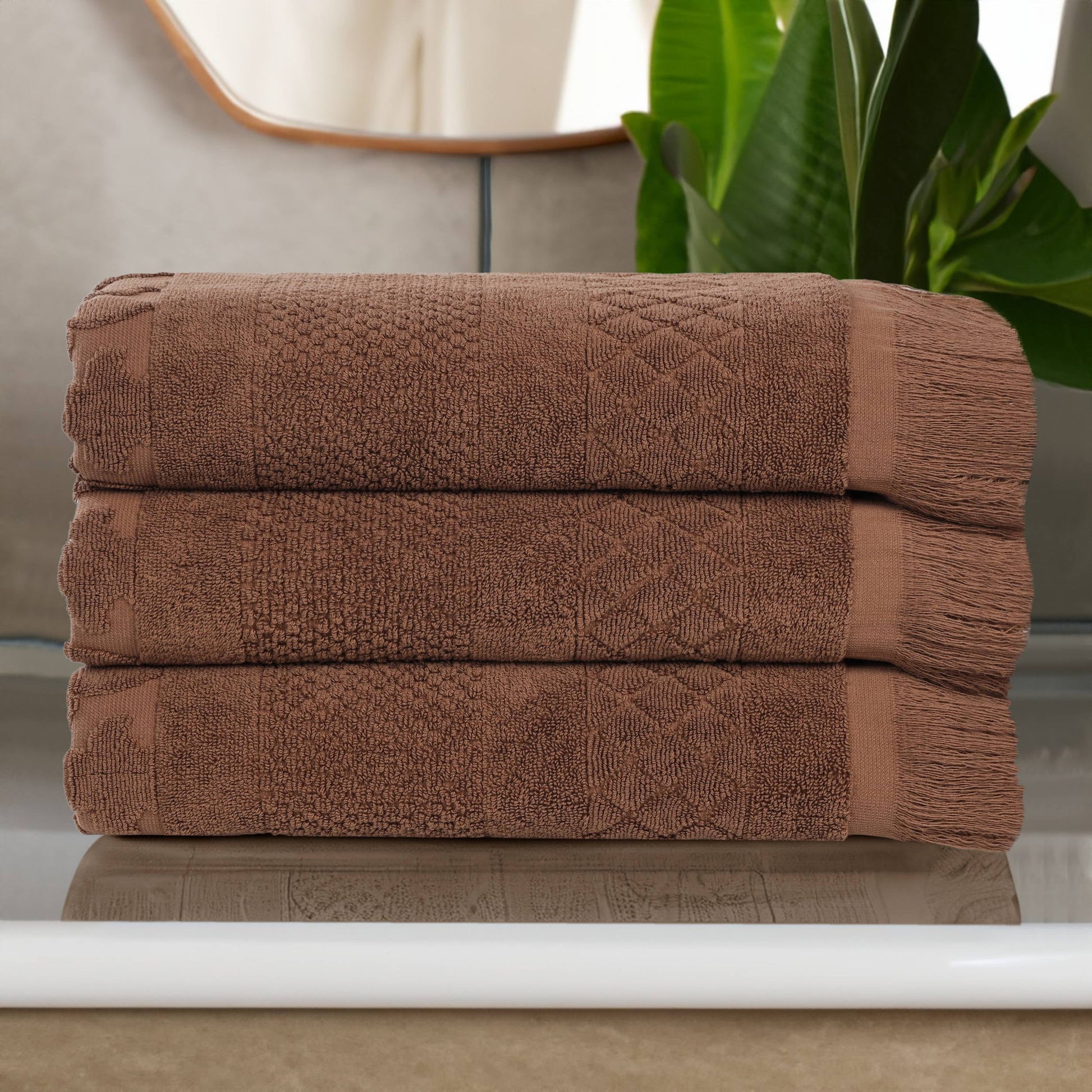 Superior Rolla Geometric Cotton 3 Piece Bath Towel Set, Quick-Dry Ultra Soft Towels, Chocolate