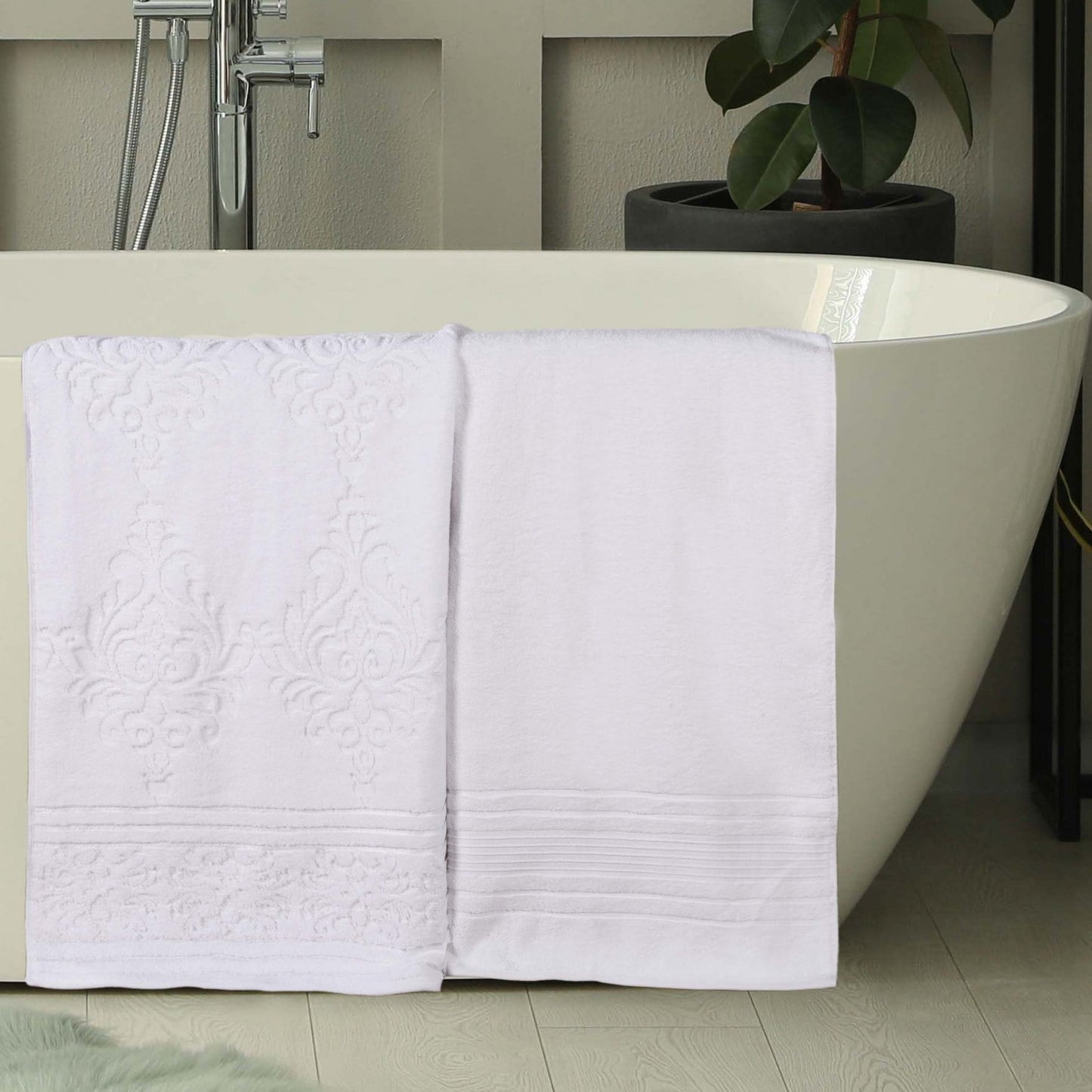 Superior Sadie Zero Twist Cotton Floral Bath Sheet Set of 2, Ultra Soft Towels, White