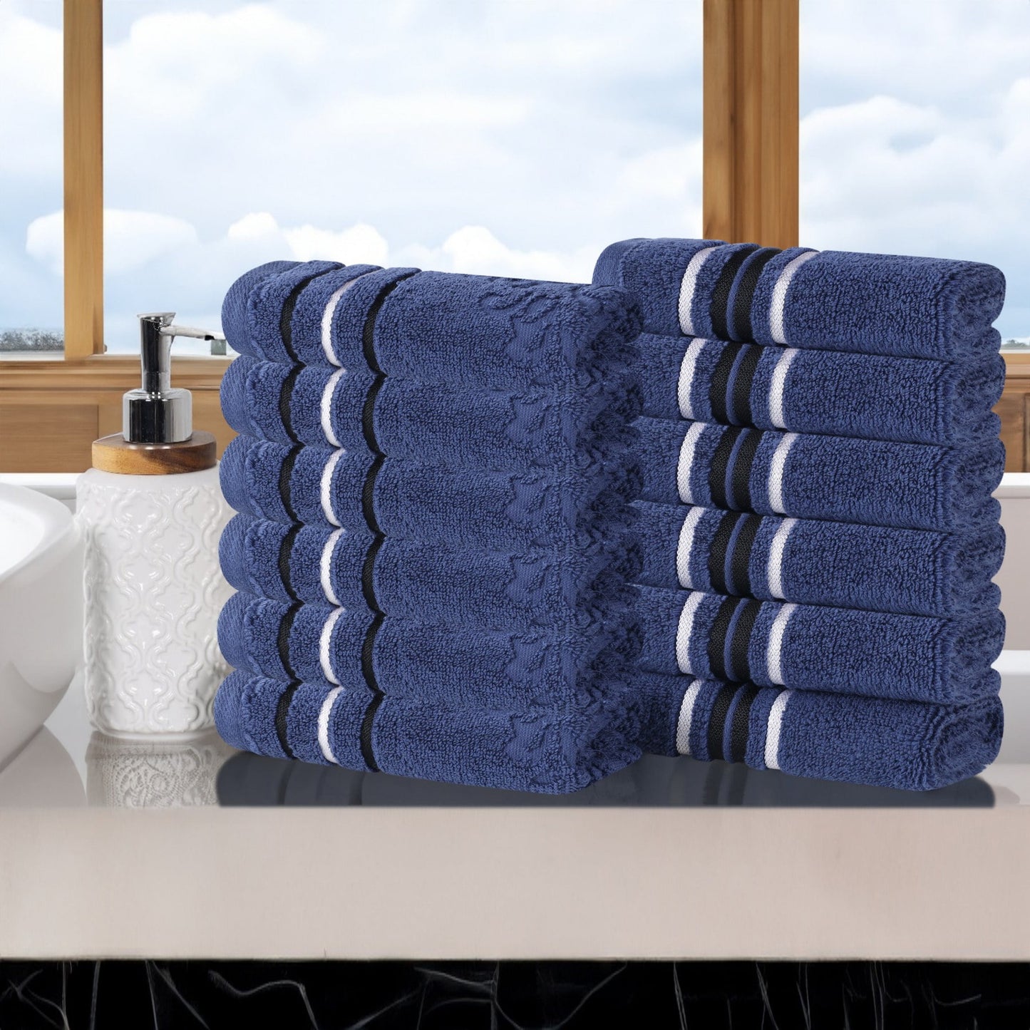 Superior Sadie Zero Twist Cotton Floral Bath Towel Set of 4 , Ultra Soft Towels, Navy Blue