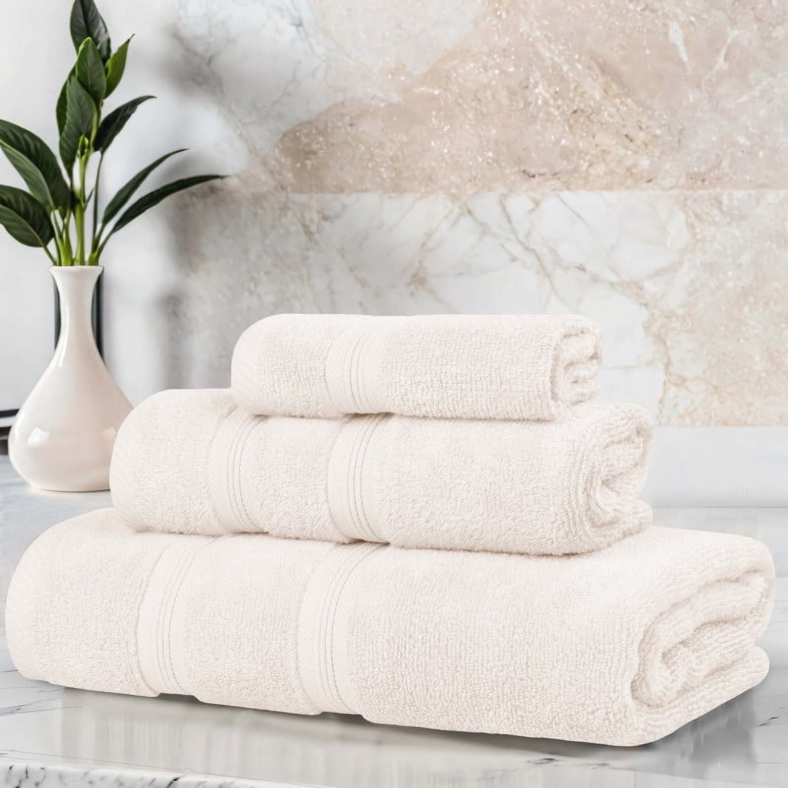 Superior Smart Dry 3-Piece Zero Twist Soft Cotton Towel Set, Quick Dry Fade Resistant, Ivory