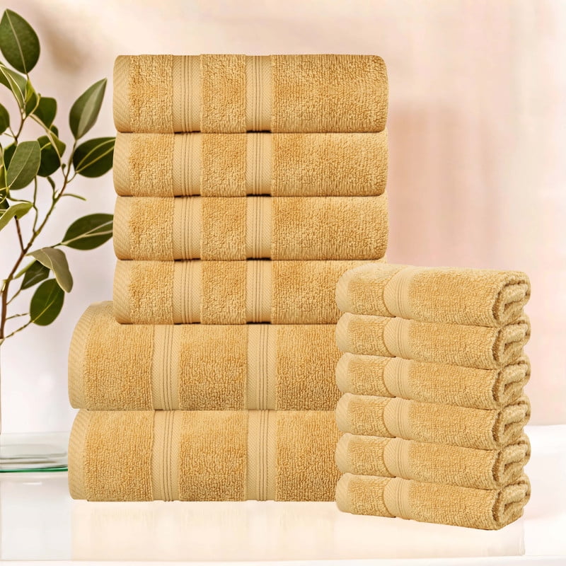 Superior Smart Dry 12-Piece Zero Twist Soft Cotton Towel Set, Quick Dry Fade Resistant, Gold