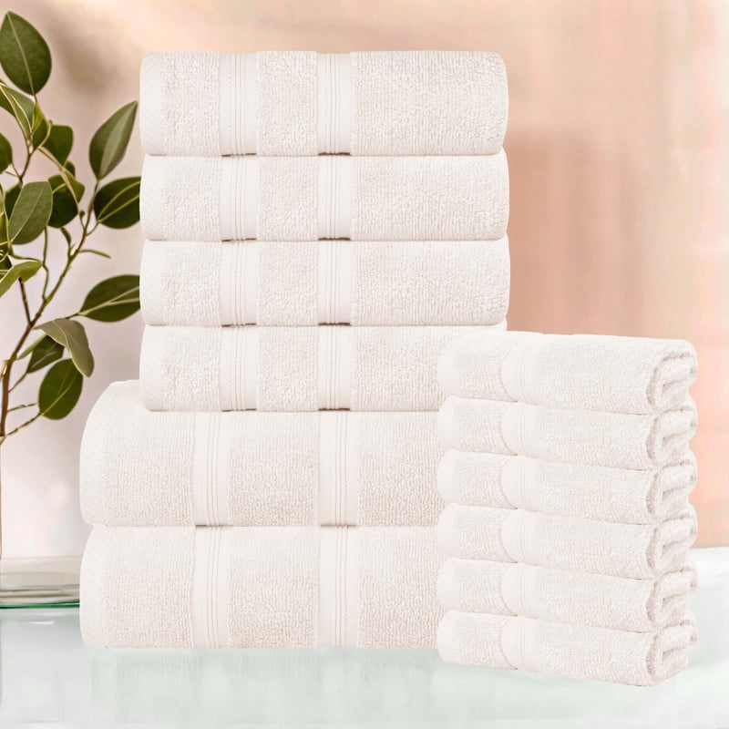 Superior Smart Dry 12-Piece Zero Twist Soft Cotton Towel Set, Quick Dry Fade Resistant, Ivory