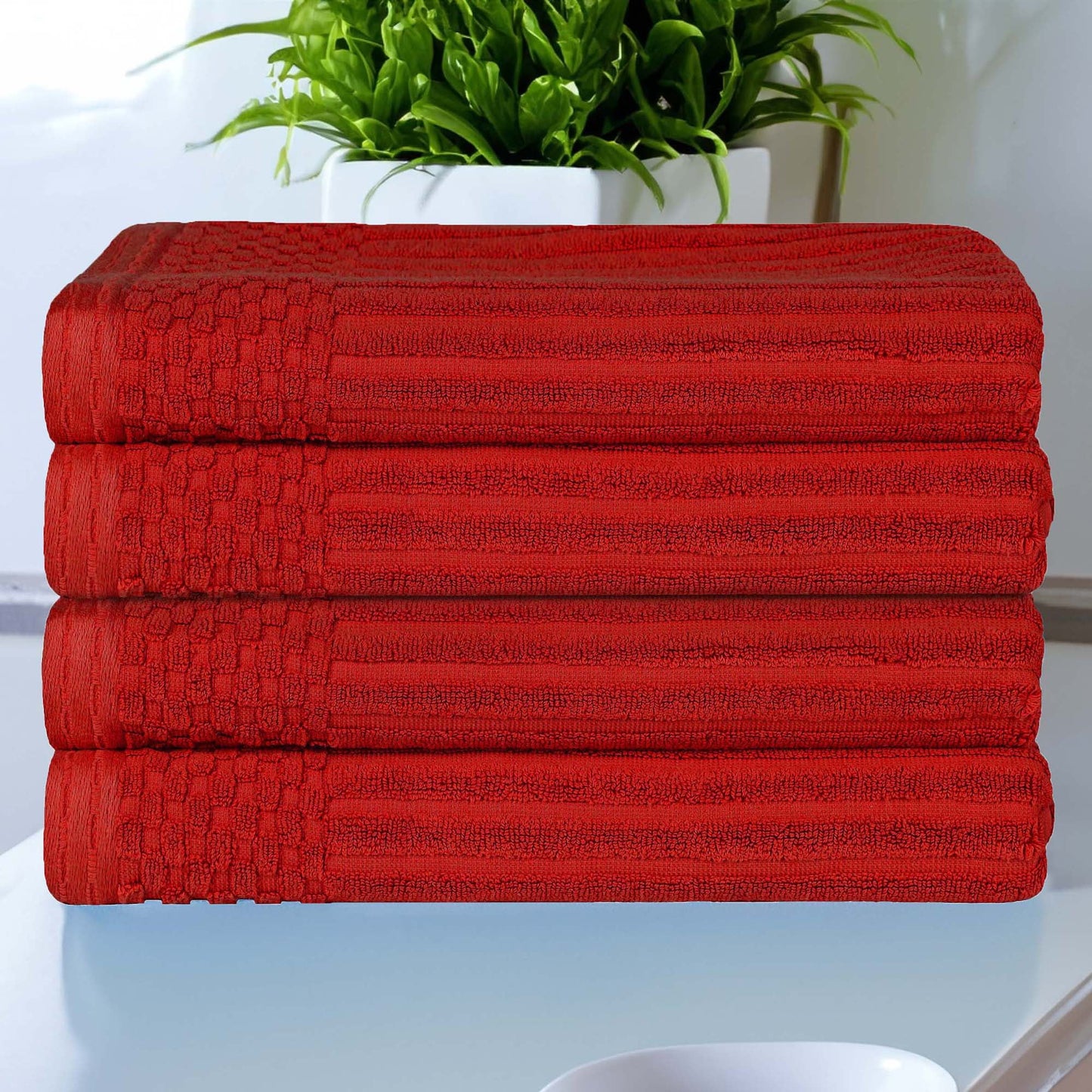Superior Soho Ribbed Cotton Absorbent Bath Towel Set of 4, Burgundy