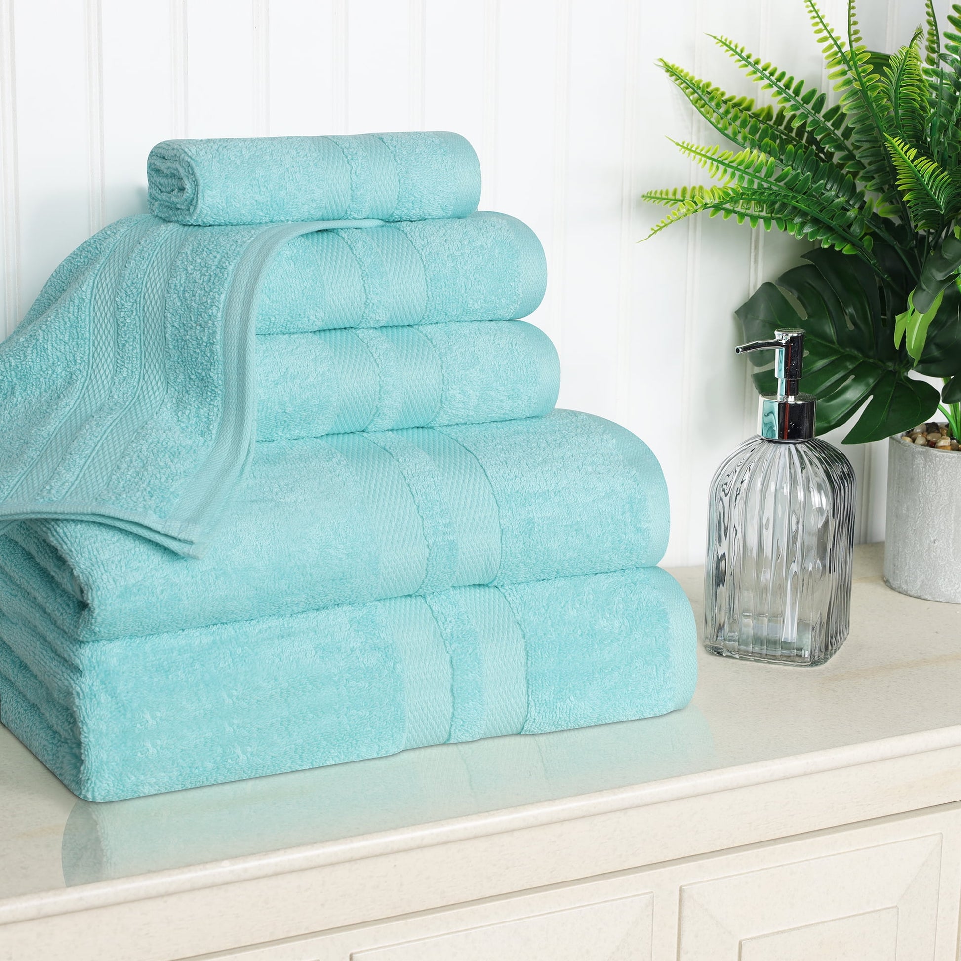 Superior Ulta Soft Cotton 6-Piece Towel Set, Highly-Absorbent Solid Towels, Cyan