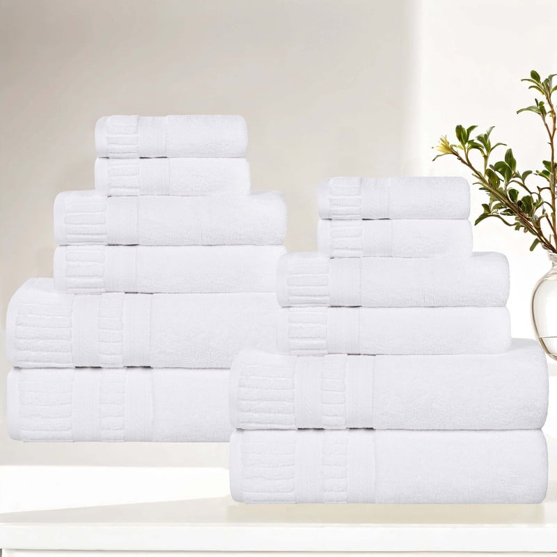 Superior Venice Ribbed Textured Border Zero Twist 12 Piece Towel Set, White
