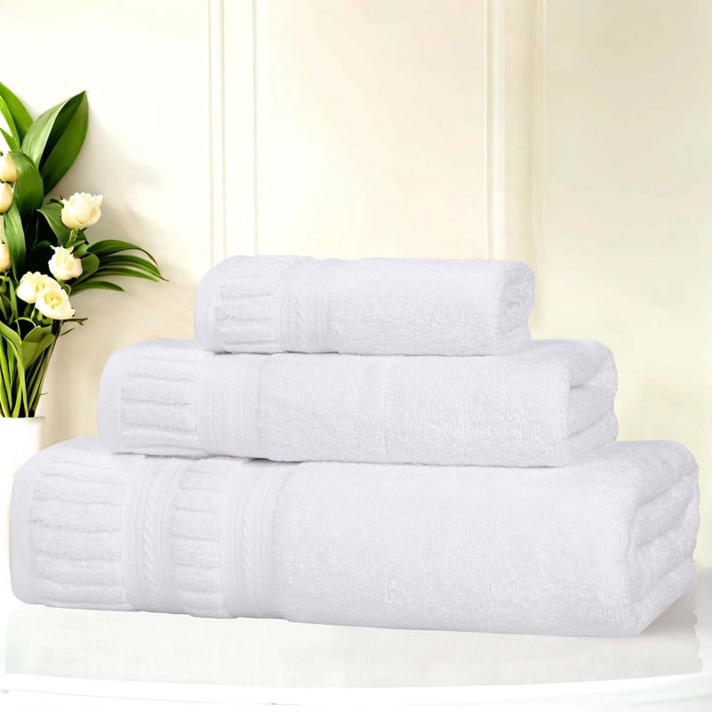 Superior Venice Ribbed Textured Border Zero Twist 3 Piece Towel Set, White