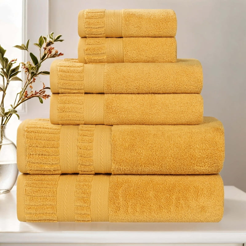 Superior Venice Ribbed Textured Border Zero Twist 6 Piece Towel Set, Gold