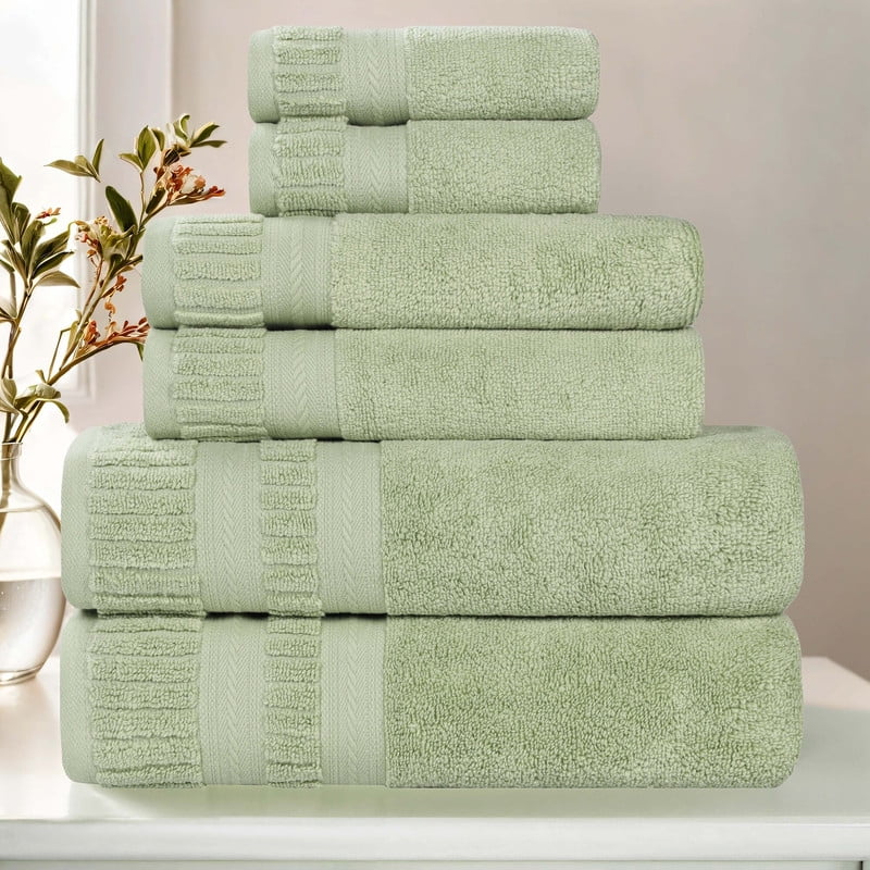 Superior Venice Ribbed Textured Border Zero Twist 6 Piece Towel Set, Green