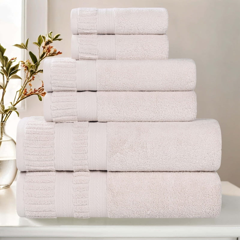 Superior Venice Ribbed Textured Border Zero Twist 6 Piece Towel Set, Silver