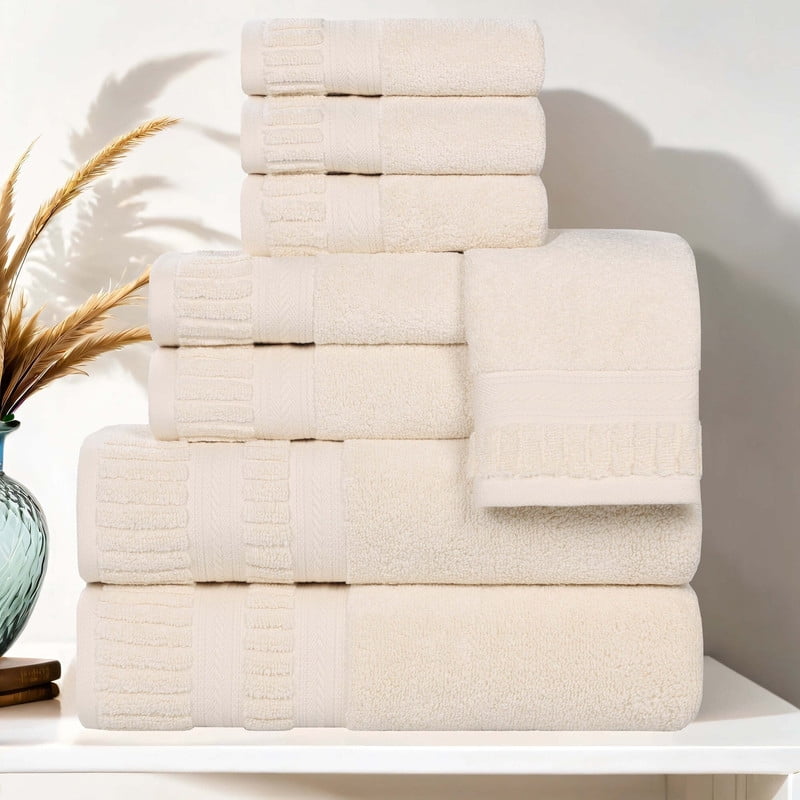 Superior Venice Ribbed Textured Border Zero Twist 8 Piece Towel Set, Ivory