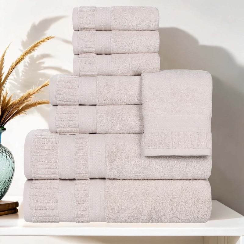 Superior Venice Ribbed Textured Border Zero Twist 8 Piece Towel Set, Silver