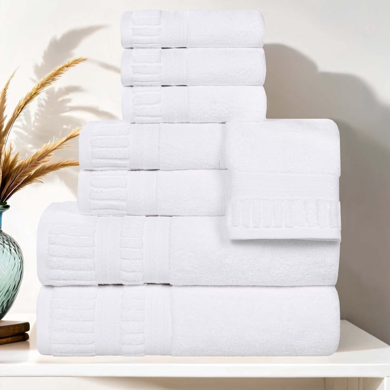 Superior Venice Ribbed Textured Border Zero Twist 8 Piece Towel Set, White