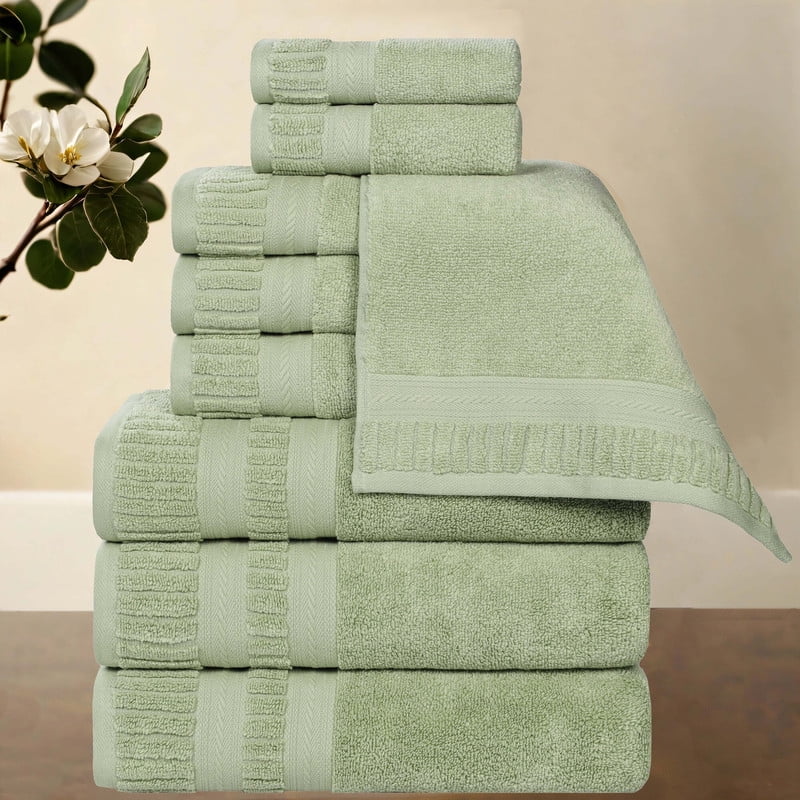 Superior Venice Ribbed Textured Border Zero Twist 9 Piece Towel Set, Green