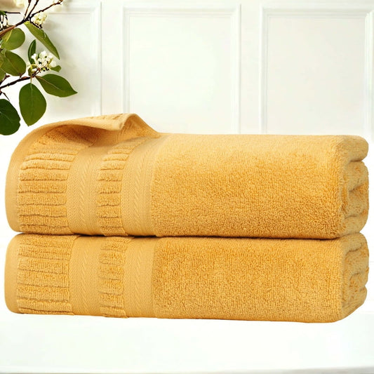 Superior Venice Ribbed Textured Border Zero Twist Bath Towels, Set of 2, Gold
