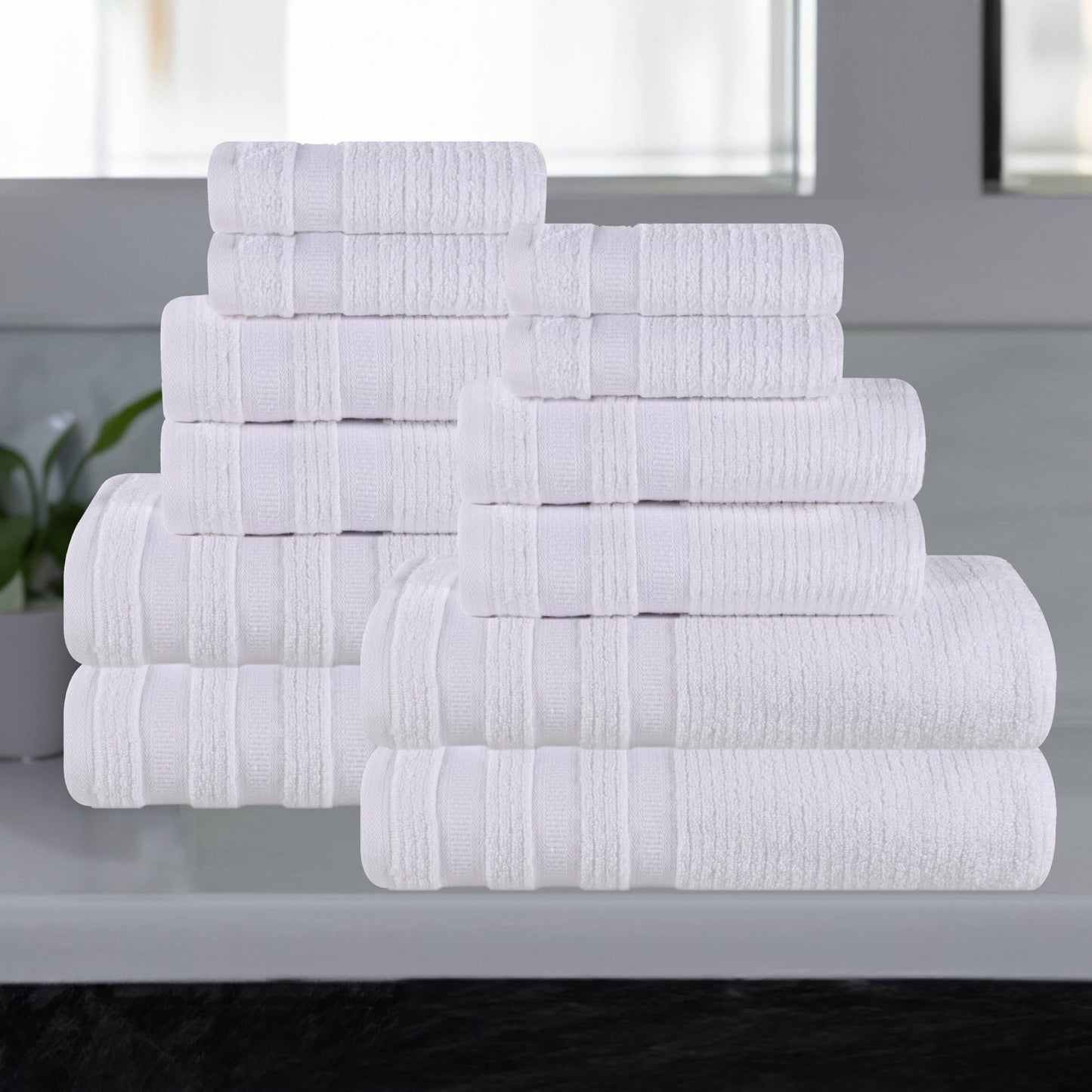 Superior Zero Twist Cotton Ribbed Geometric 12-Piece Towel Set, Ultra Soft Quick Dry, White