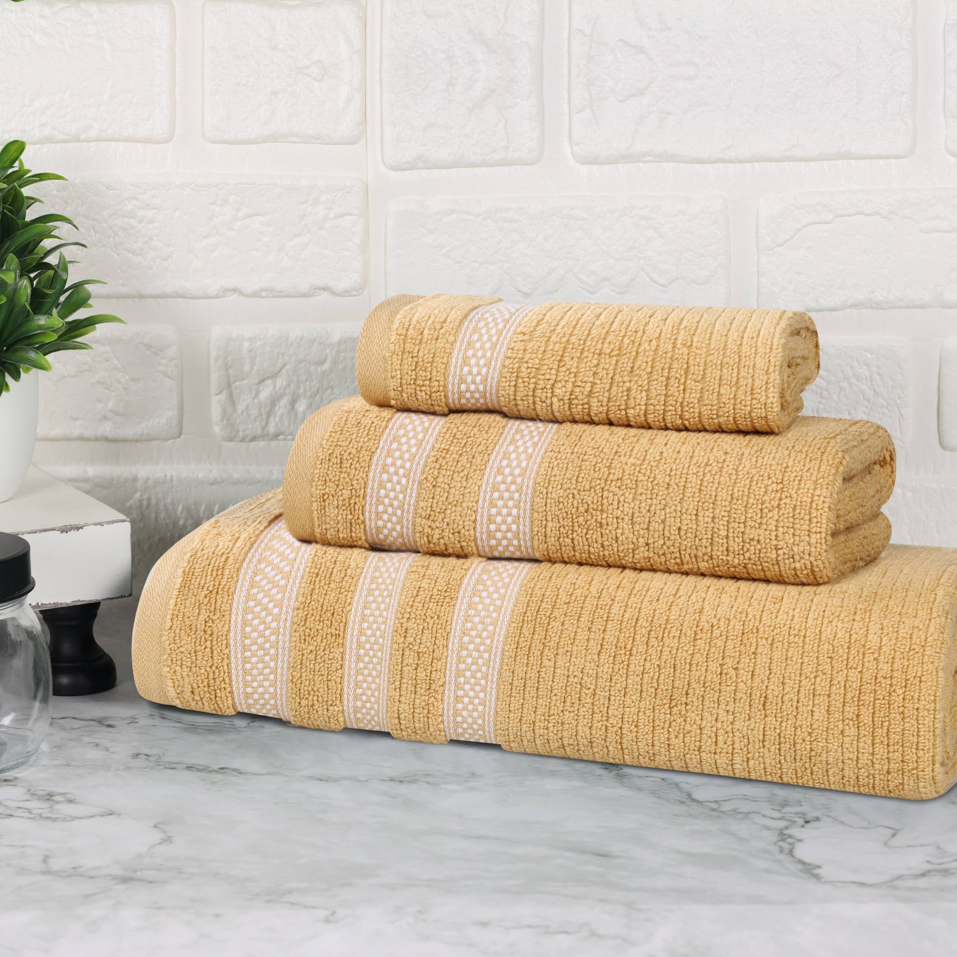 Superior Zero Twist Cotton Ribbed Geometric 3-Piece Towel Set, Ultra Soft Quick Dry, Gold
