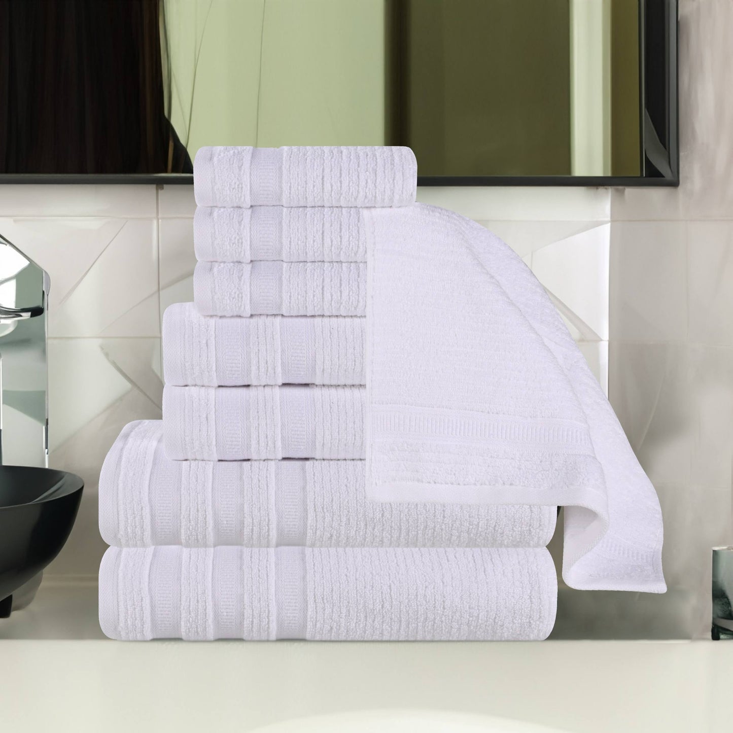 Superior Zero Twist Cotton Ribbed Geometric 8-Piece Towel Set, Ultra Soft Quick Dry, White