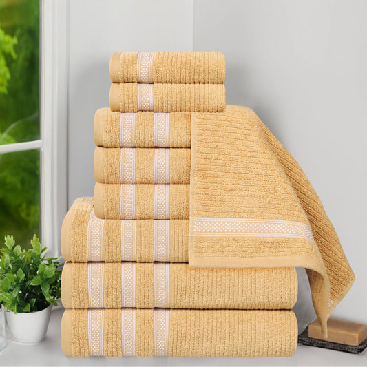 Superior Zero Twist Cotton Ribbed Geometric 9-Piece Towel Set, Ultra Soft Quick Dry, Gold