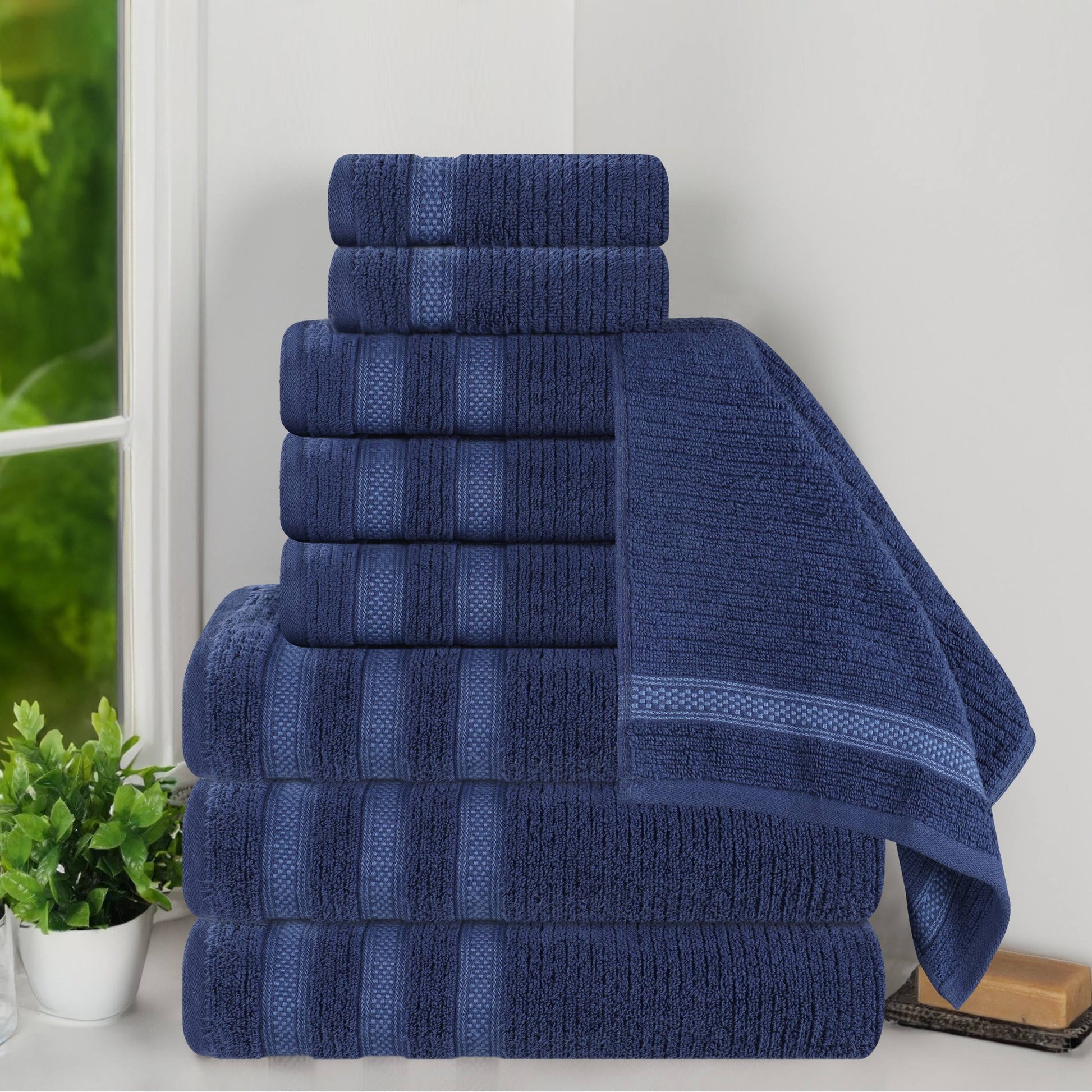 Superior Zero Twist Cotton Ribbed Geometric 9-Piece Towel Set, Ultra Soft Quick Dry, Navy Blue