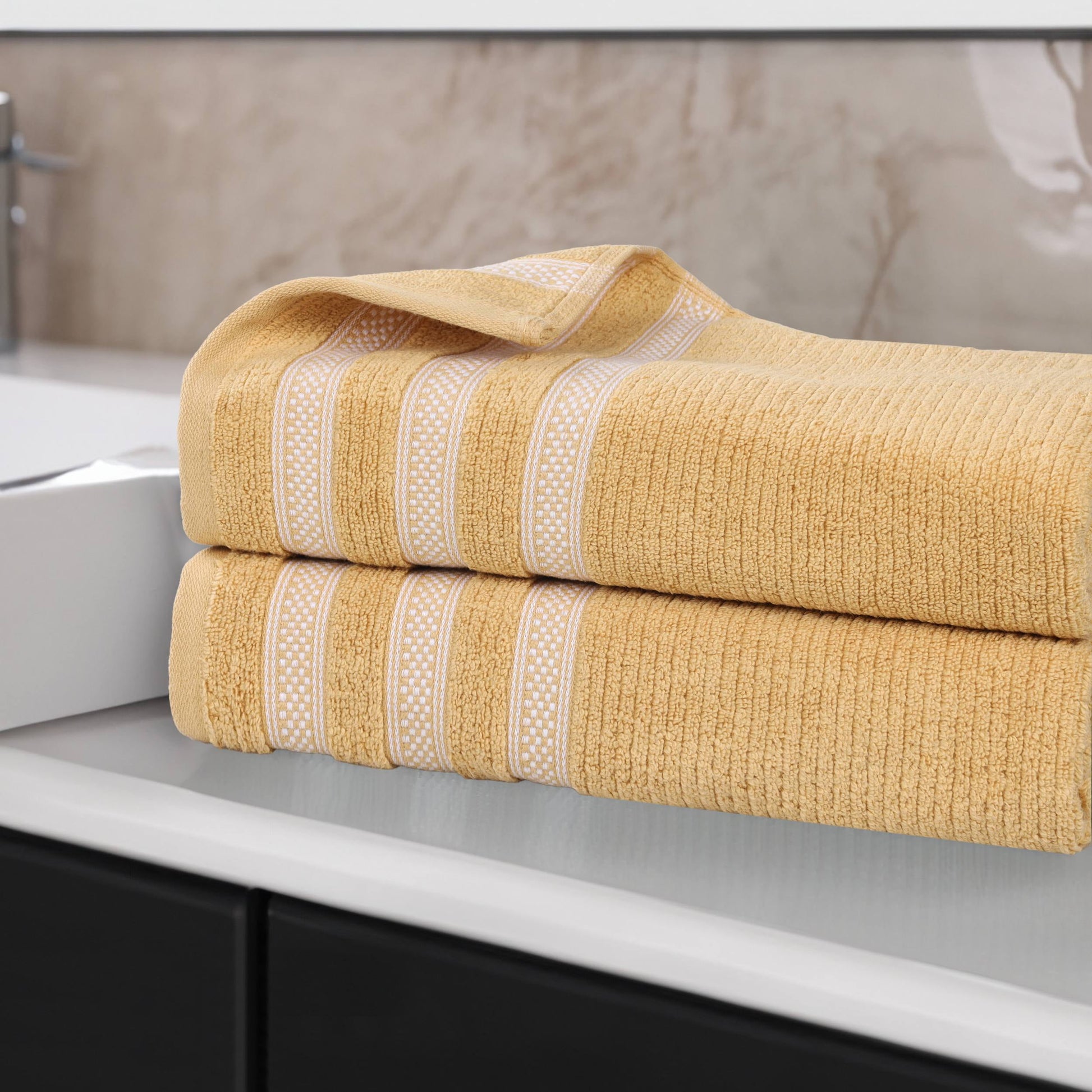 Superior Zero Twist Cotton Ribbed Geometric Bath Sheet Set of 2, Ultra Soft Quick Dry, Gold