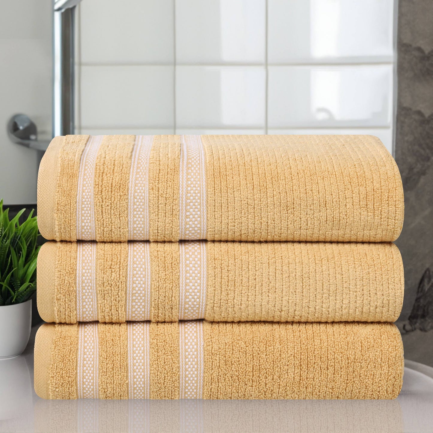 Superior Zero Twist Cotton Ribbed Geometric Bath Towel Set of 3 , Ultra Soft Quick Dry, Gold