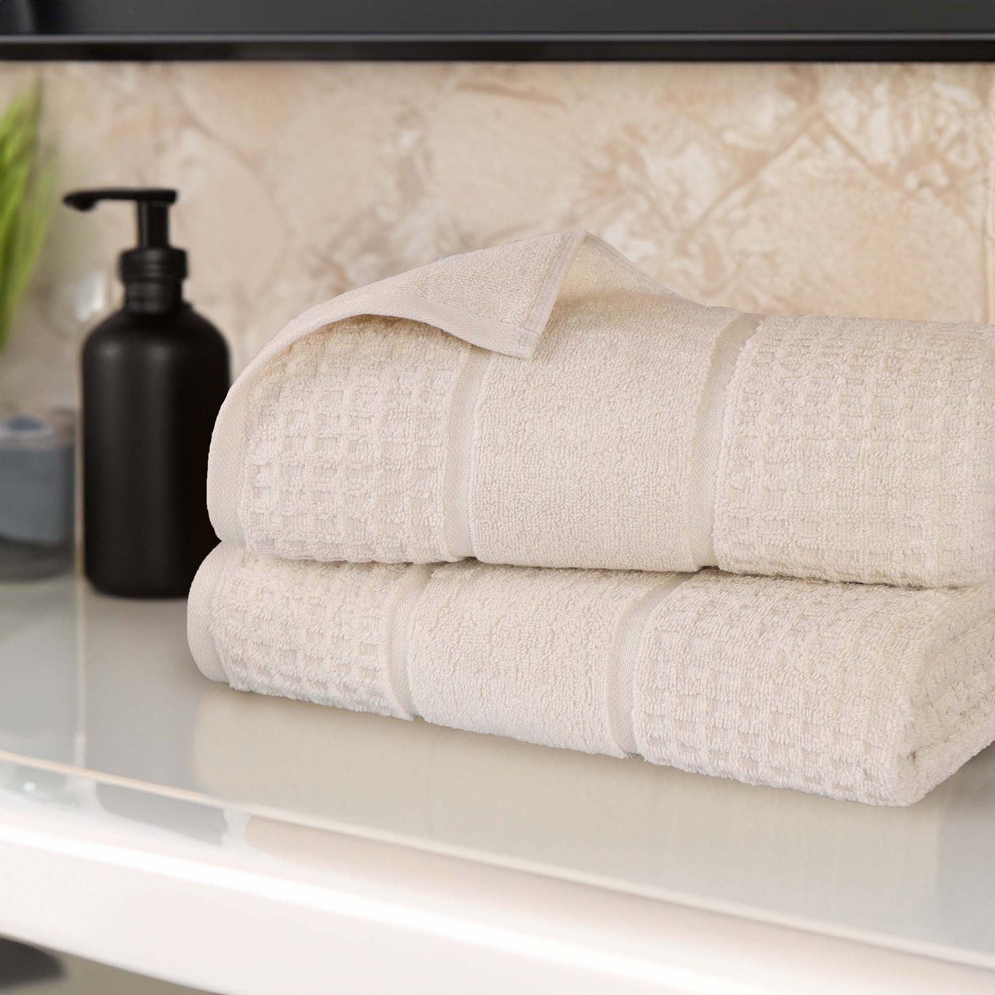Superior Zero Twist 2-Piece Cotton Bath Sheet Set, Waffle Border Ultra Doft Quick Dry Towels, Ivory