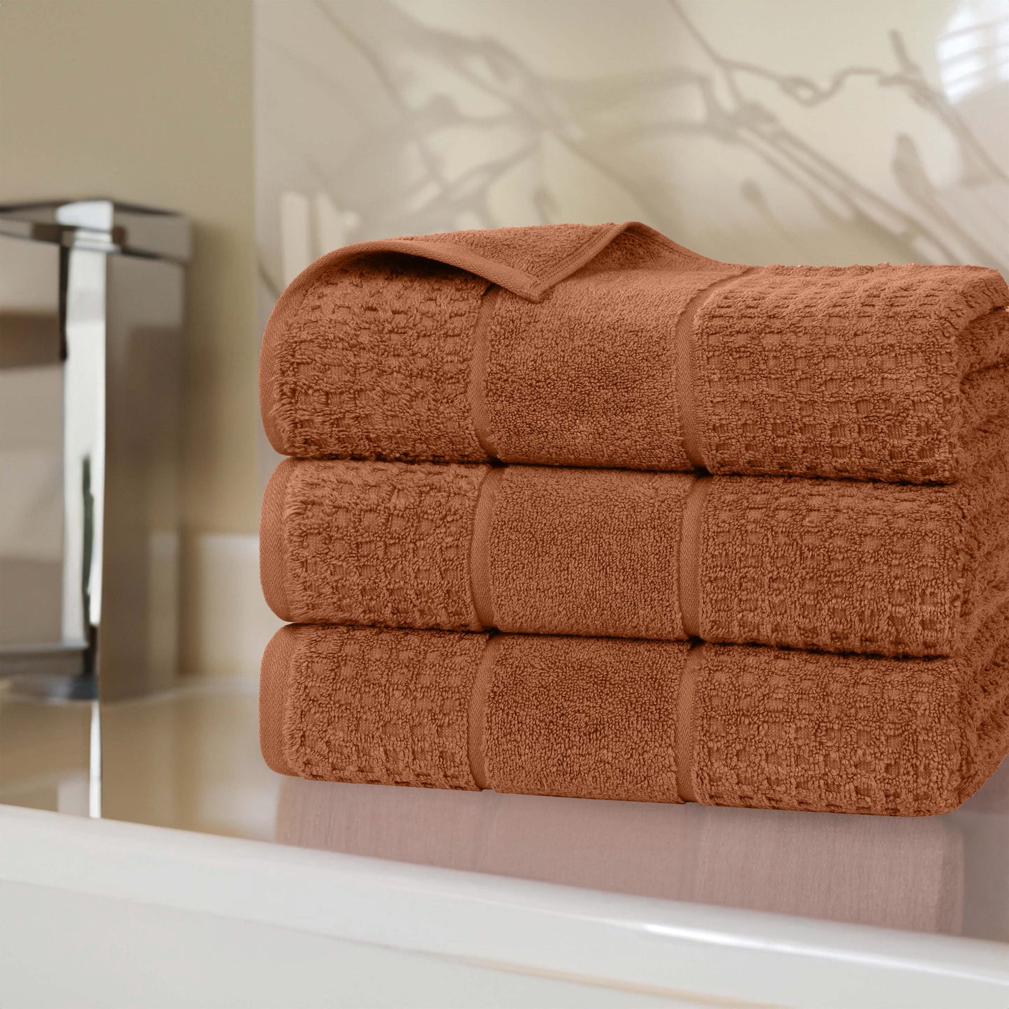 Superior Zero Twist 12-Piece Cotton Face Towel Set, Waffle Border Ultra Doft Quick Dry Towels, Chocolate