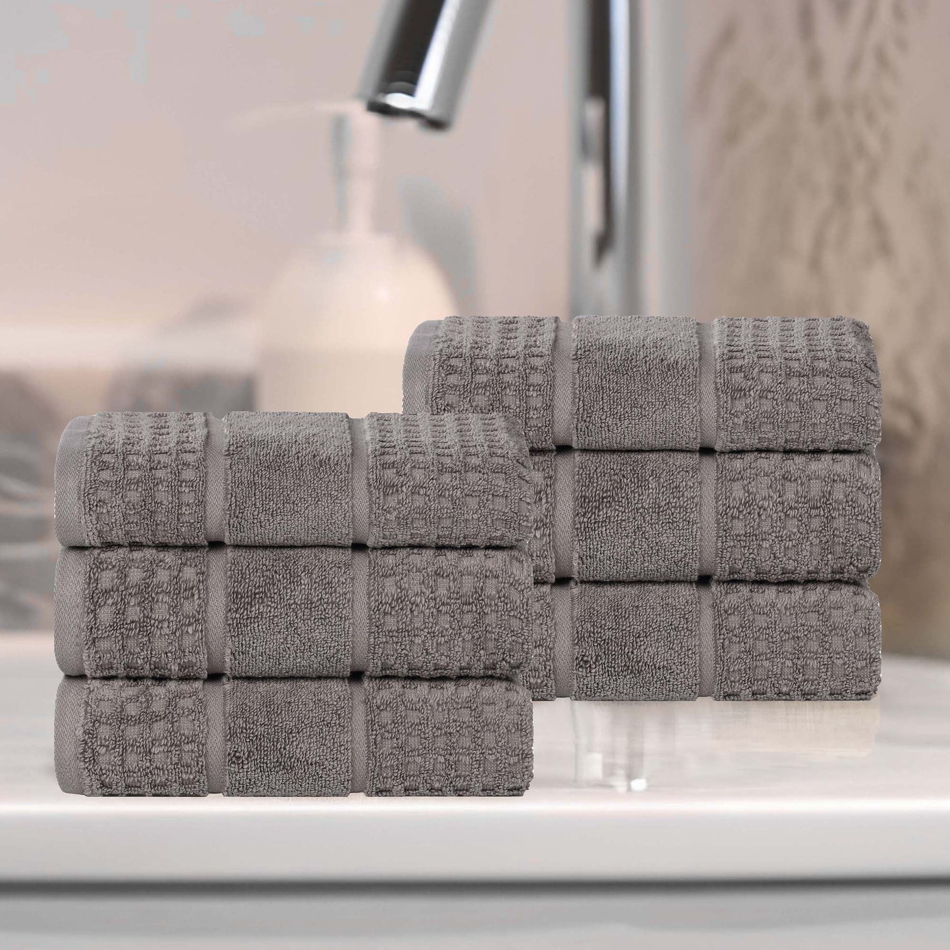 Superior Zero Twist 6-Piece Cotton Hand Towel Set, Waffle Border Ultra Doft Quick Dry Towels, Charcoal