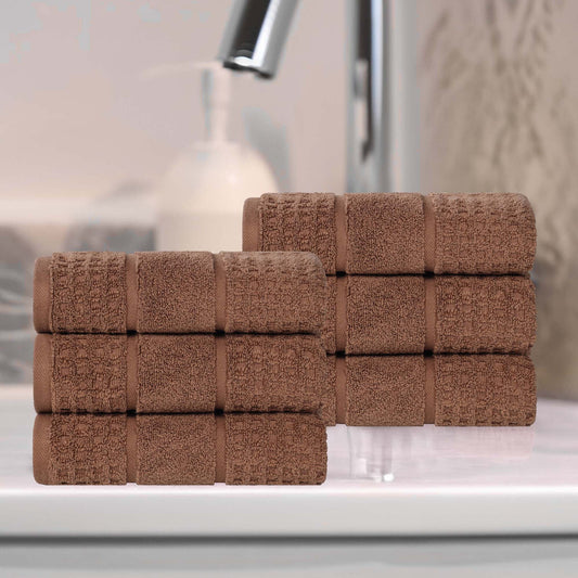Superior Zero Twist 6-Piece Cotton Hand Towel Set, Waffle Border Ultra Doft Quick Dry Towels, Chocolate