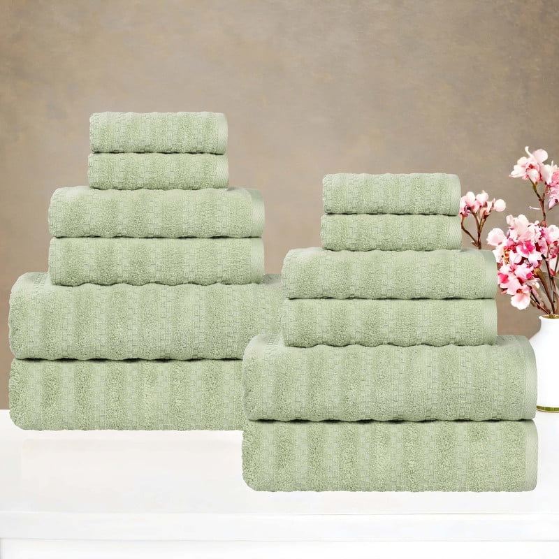 Superior Zuma Waffle Textured Stripes Cotton 12 Piece Towel Set, Zero Twist Absorbent Towels, Green