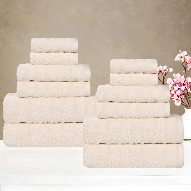 Superior Zuma Waffle Textured Stripes Cotton 12 Piece Towel Set, Zero Twist Absorbent Towels, Ivory
