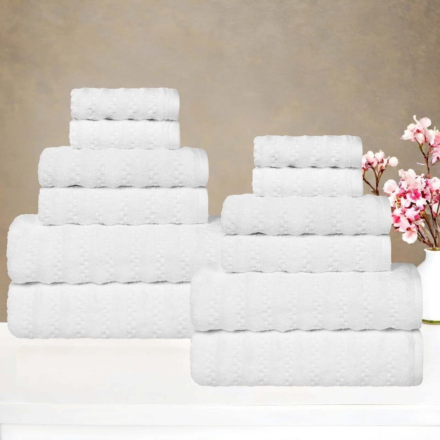 Superior Zuma Waffle Textured Stripes Cotton 12 Piece Towel Set, Zero Twist Absorbent Towels, White