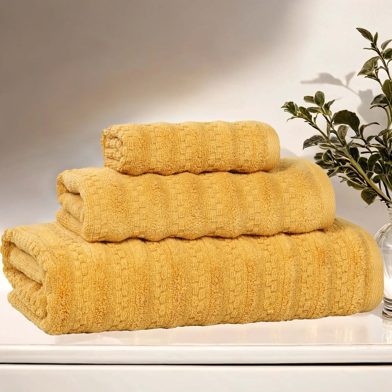 Superior Zuma Waffle Textured Stripes Cotton 3 Piece Towel Set, Zero Twist Absorbent Towels, Gold