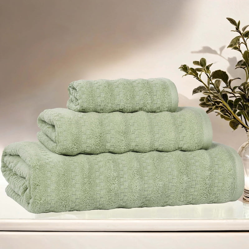 Superior Zuma Waffle Textured Stripes Cotton 3 Piece Towel Set, Zero Twist Absorbent Towels, Green