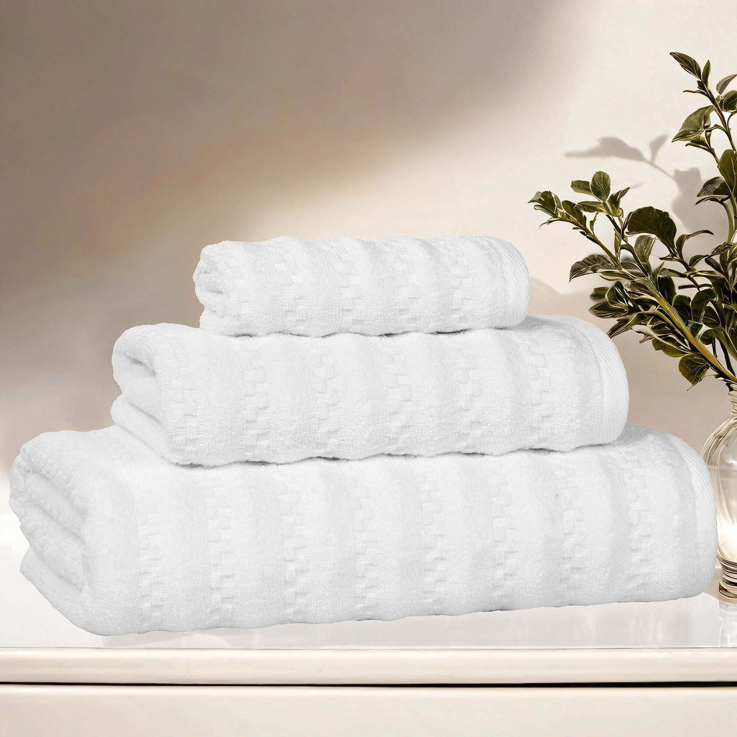 Superior Zuma Waffle Textured Stripes Cotton 3 Piece Towel Set, Zero Twist Absorbent Towels, White