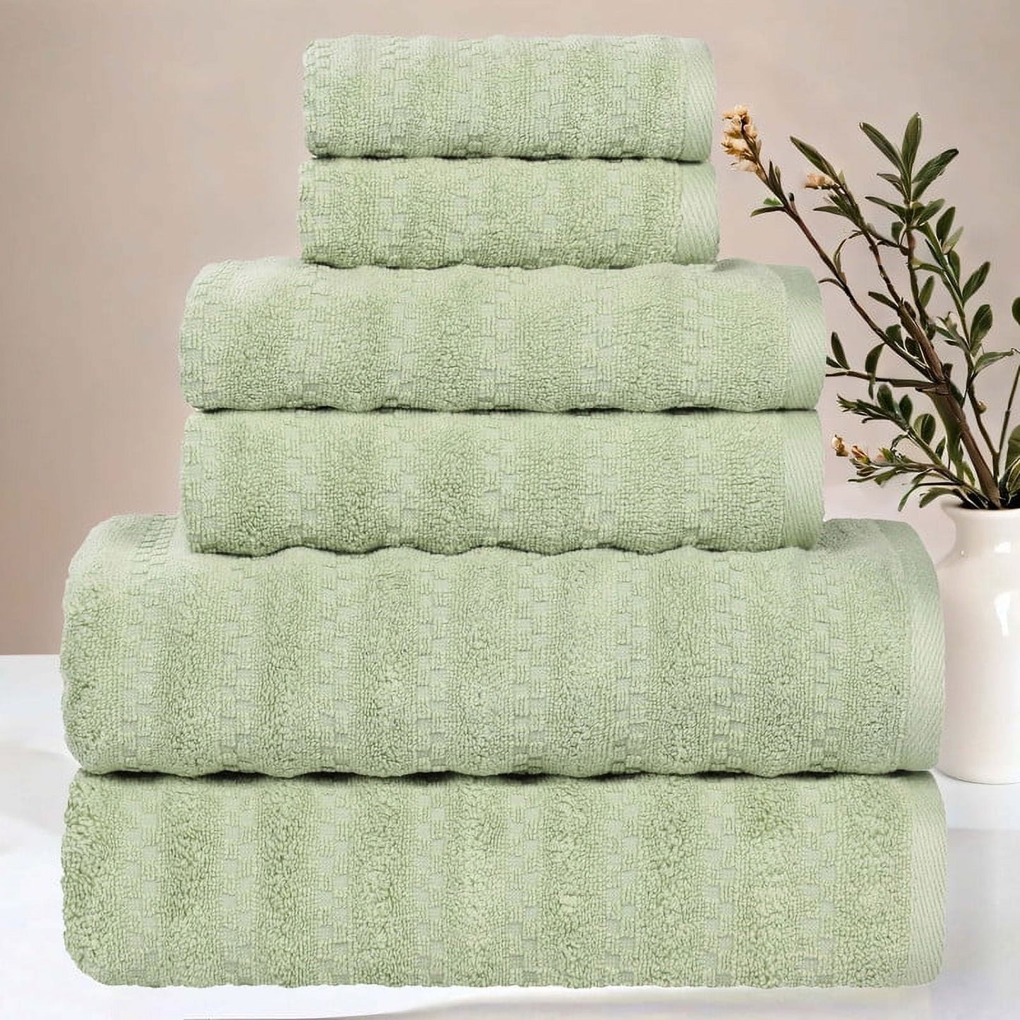 Superior Zuma Waffle Textured Stripes Cotton 6 Piece Towel Set, Zero Twist Absorbent Towels, Green