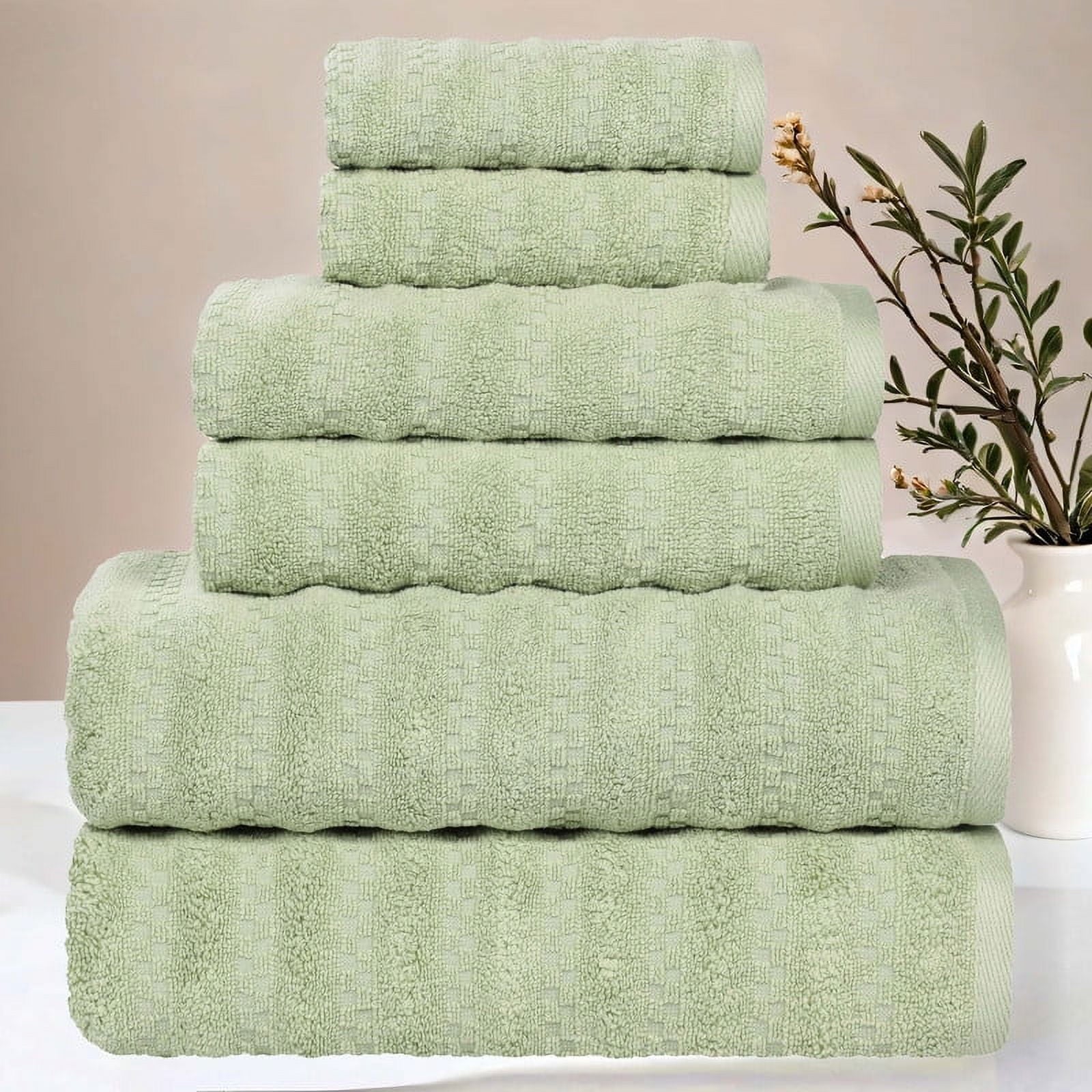 Superior Zuma Waffle Textured Stripes Cotton 6 Piece Towel Set, Zero Twist Absorbent Towels, Green