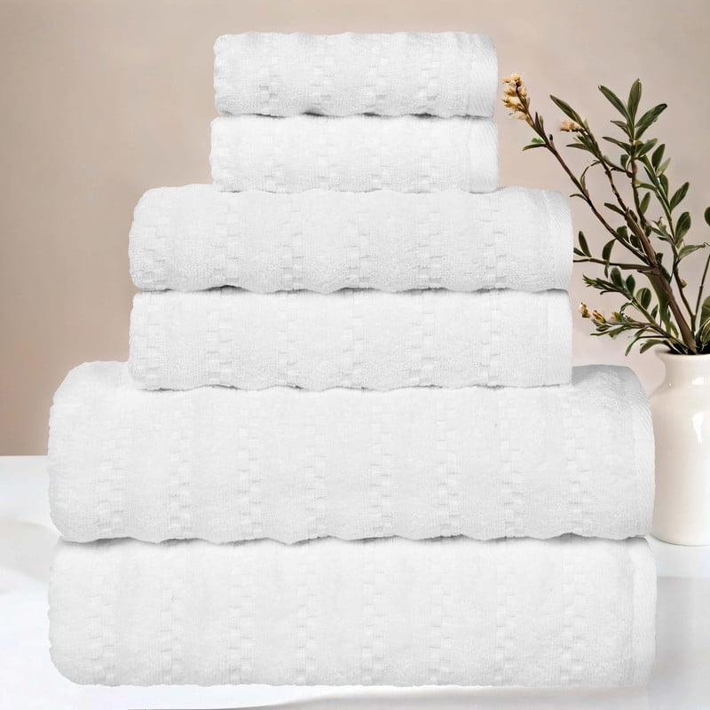 Superior Zuma Waffle Textured Stripes Cotton 6 Piece Towel Set, Zero Twist Absorbent Towels, White