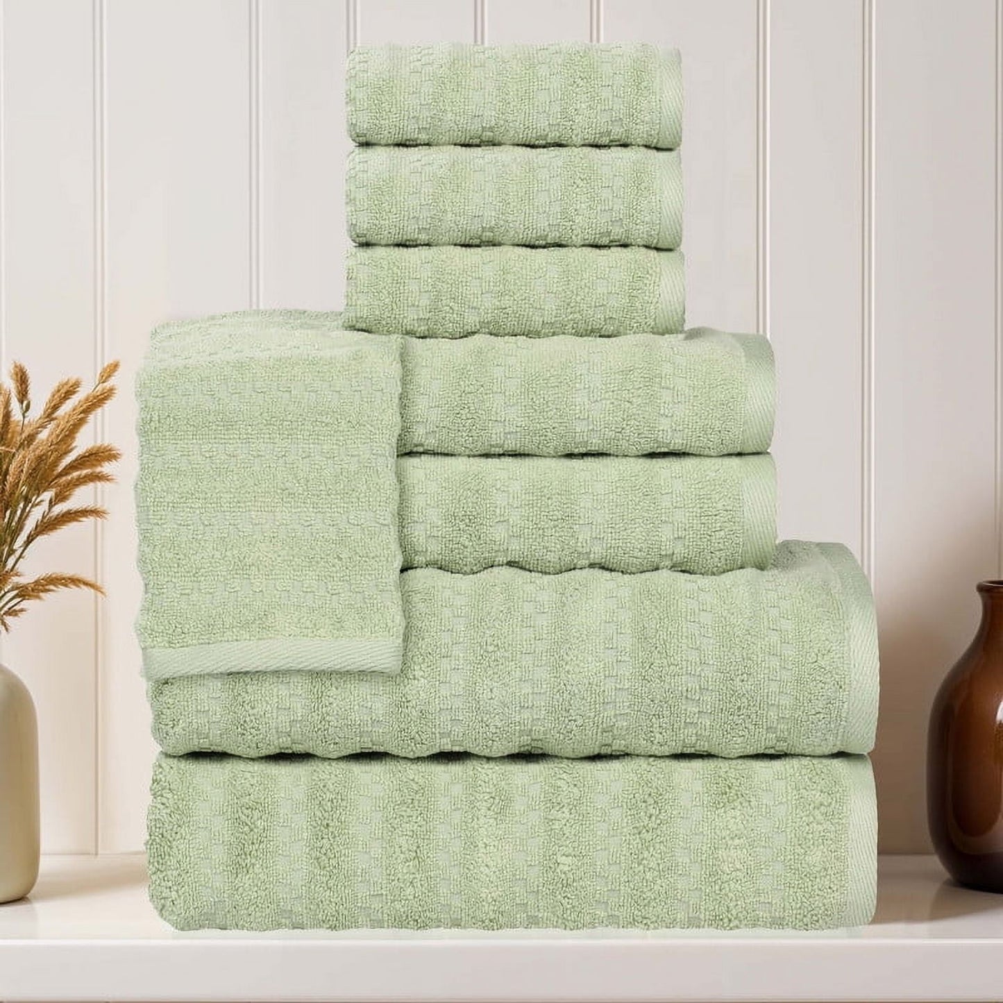 Superior Zuma Waffle Textured Stripes Cotton 8 Piece Towel Set, Zero Twist Absorbent Towels, Green