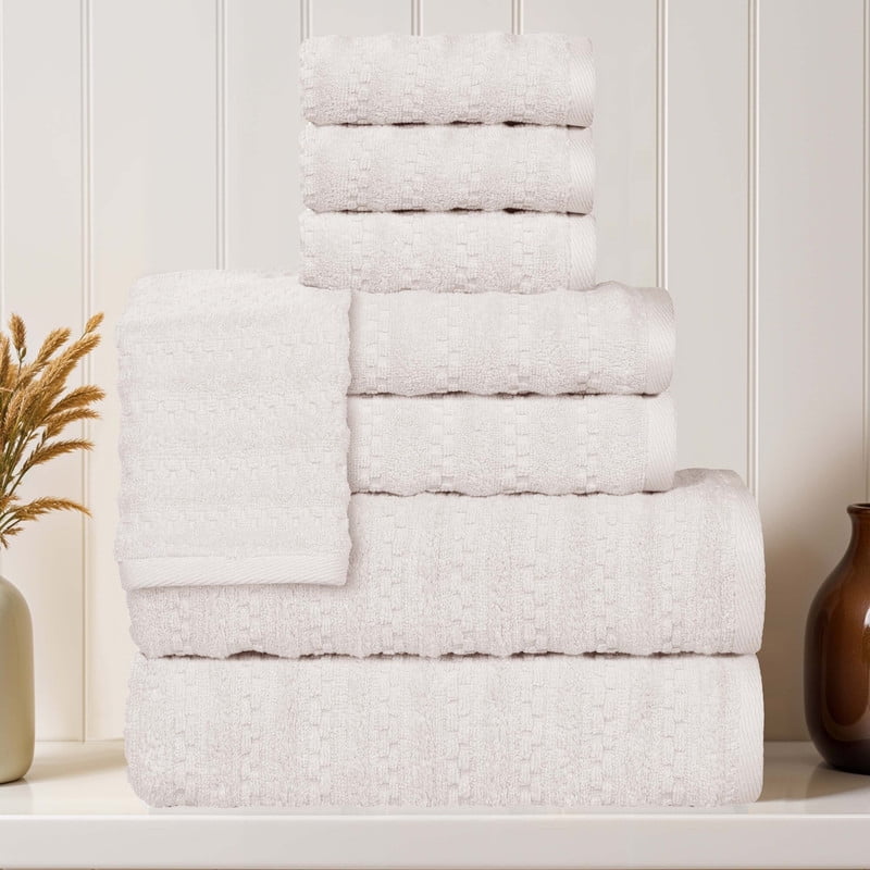 Superior Zuma Waffle Textured Stripes Cotton 8 Piece Towel Set, Zero Twist Absorbent Towels, Silver