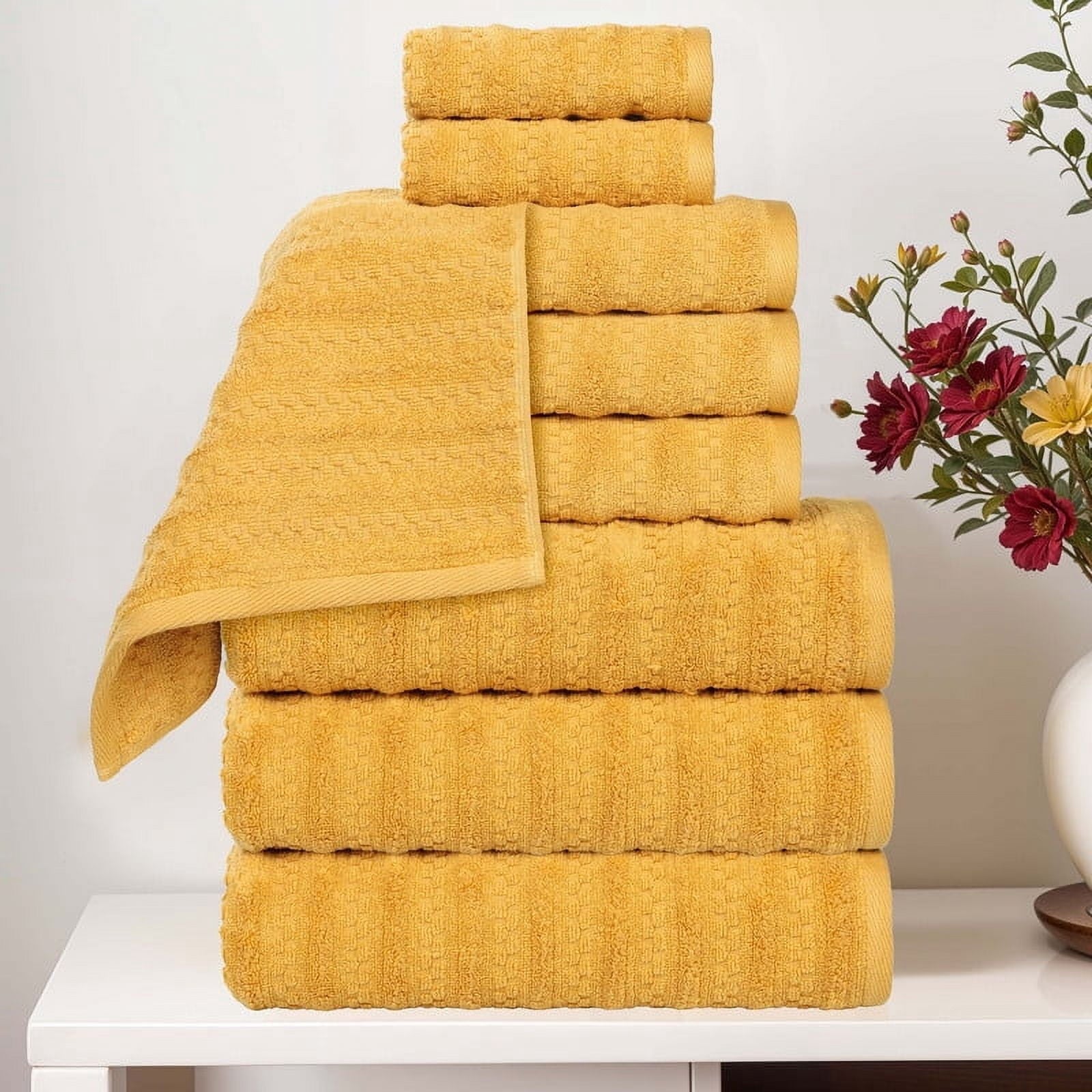 Superior Zuma Waffle Textured Stripes Cotton 9 Piece Towel Set, Zero Twist Absorbent Towels, Gold