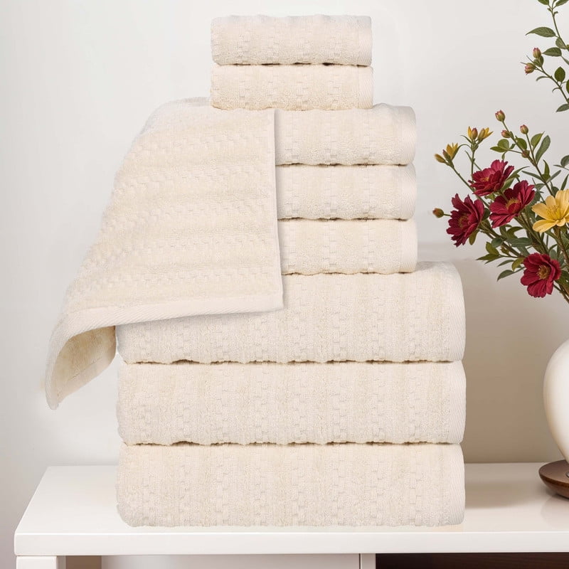 Superior Zuma Waffle Textured Stripes Cotton 9 Piece Towel Set, Zero Twist Absorbent Towels, Ivory
