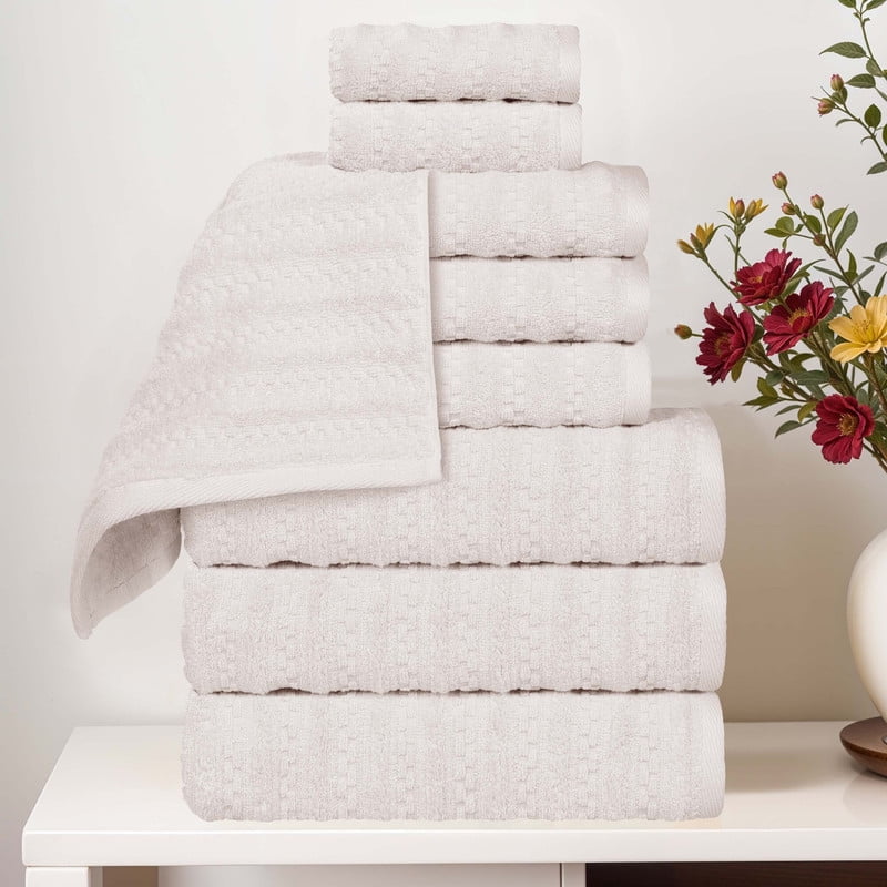 Superior Zuma Waffle Textured Stripes Cotton 9 Piece Towel Set, Zero Twist Absorbent Towels, Silver