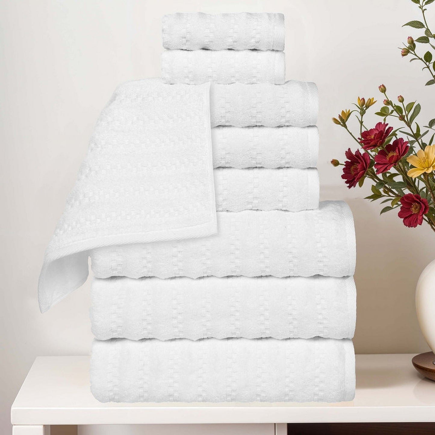 Superior Zuma Waffle Textured Stripes Cotton 9 Piece Towel Set, Zero Twist Absorbent Towels, White