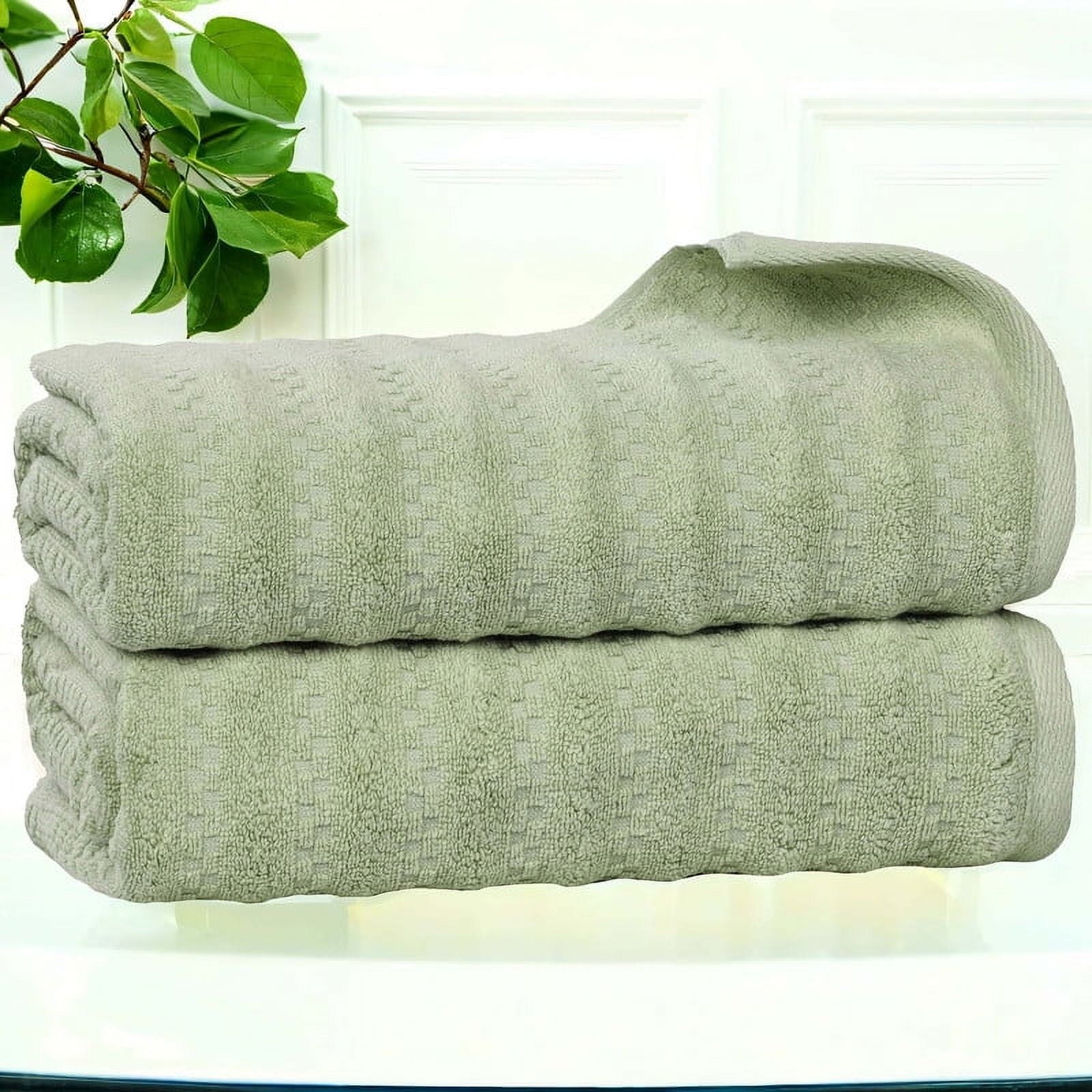 Superior Zuma Waffle Textured Stripes Cotton 2 Piece Bath Towel Set, Zero Twist Absorbent Towels, Green